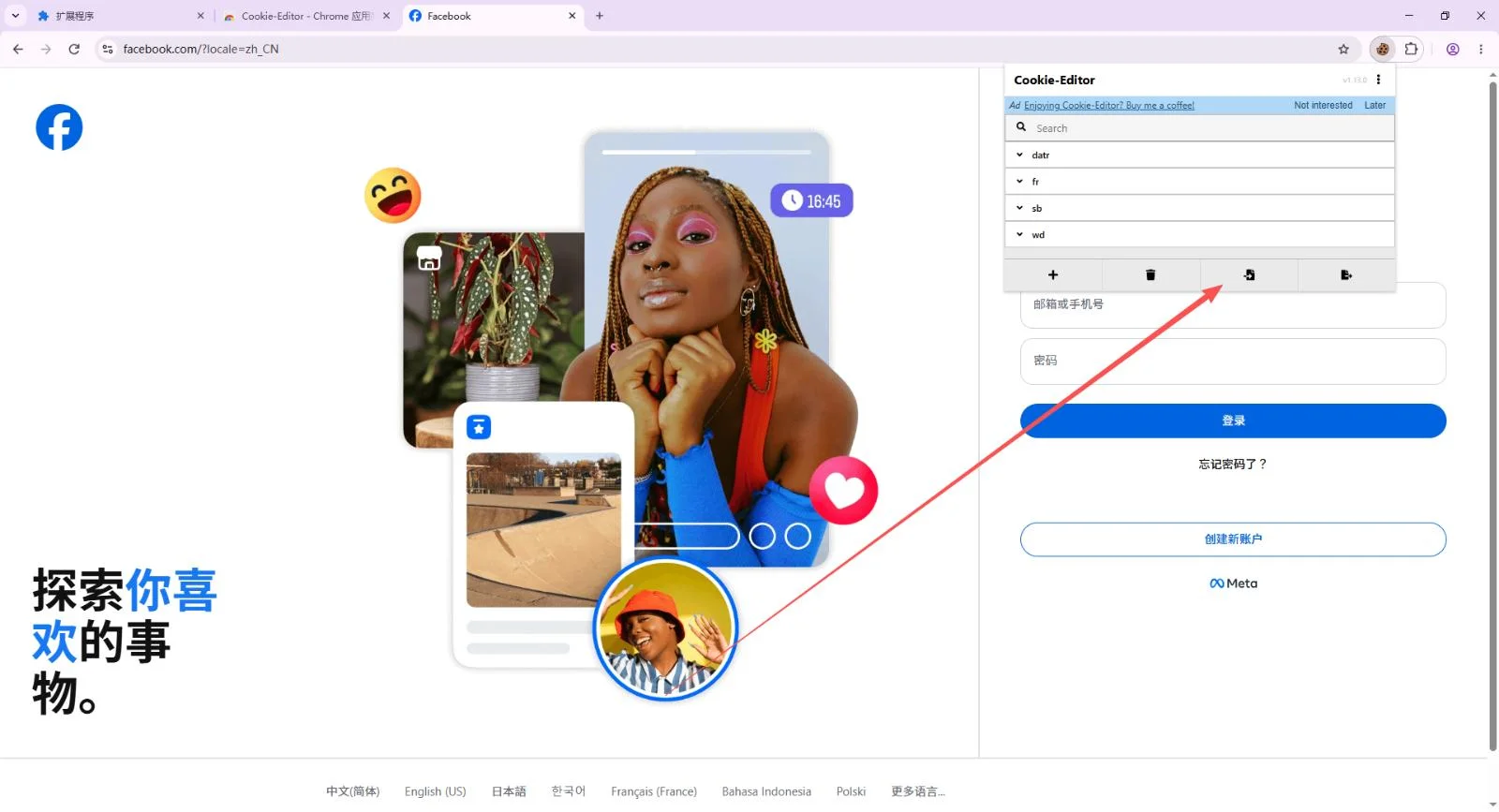 Cookie-Editor cookie list with the Import button highlighted
